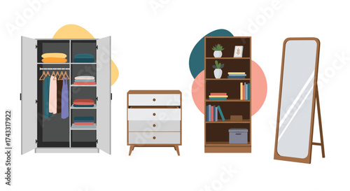 A collection of essential bedroom furniture including a wardrobe a dresser a bookshelf and a standing mirror.