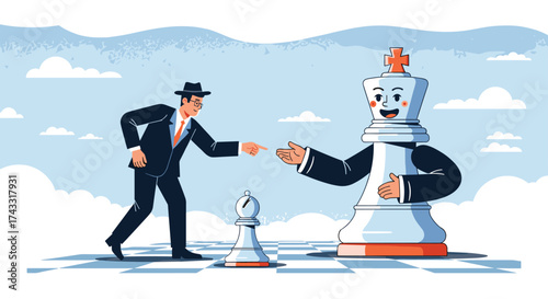 A businessman points at a large chess king as a symbol of strategy.