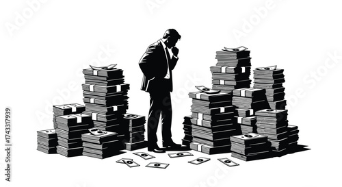 A businessman contemplates his financial fortune surrounded by stacks of money.