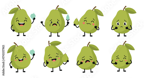A collection of cute cartoon pear characters with different emotions and expressions.