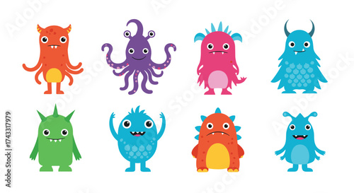 A collection of eight colorful cartoon monsters with various shapes and sizes