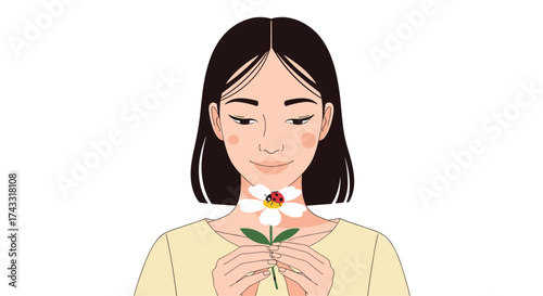 A young woman gently holds a white flower with a ladybug on it in front of her face. 