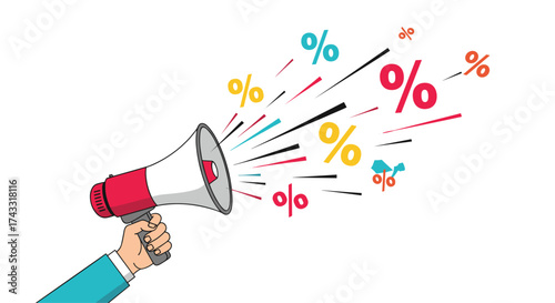 Announcing a special offer with percentages and shopping cart icons flying out of a megaphone.
