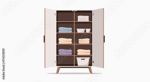 A modern white wooden closet with shelves filled with folded clothes and storage containers.