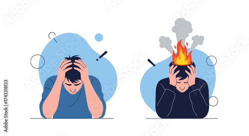 A visual representation of mental stress and overwhelming emotions with a burning head.