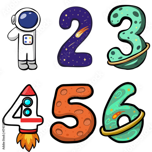 Set of cartoon space-themed numbers 1–6 with astronaut, stars, planets, and rocket designs. Fun and colorful illustration perfect for children’s education, counting, and learning activities.