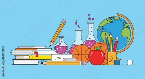 A vibrant illustration of educational supplies and learning tools arranged artfully.