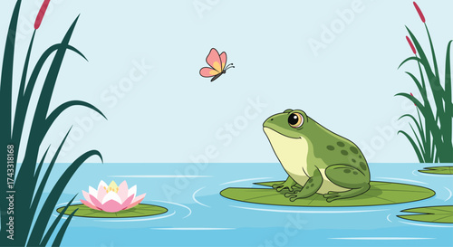 A cheerful green frog gazes at a delicate butterfly fluttering above a tranquil pond with lily pads.