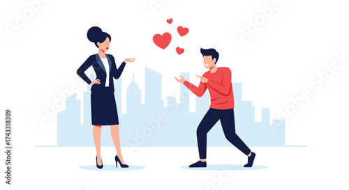 A man and a woman are experiencing attraction in a city setting with hearts floating above them.