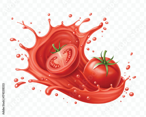 abstract 3d red tomato juice or ketchup sauce splashes in different style isolated on transparent background	