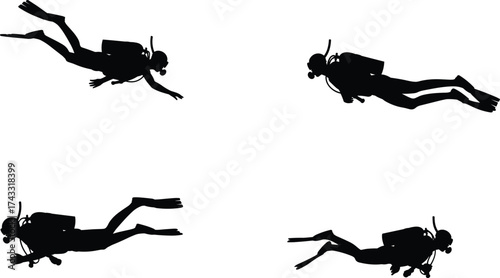 Scuba diver silhouettes underwater, swimming with fins and oxygen tanks, snorkeling gear illustration, aquatic exploration, marine adventure, diving sport vector