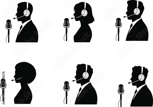 Silhouette people with headsets, podcast microphone icons, customer service operators, call center communication, radio broadcasting, online streaming, audio recording illustration