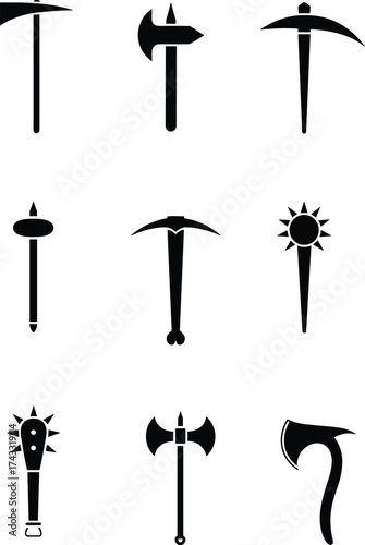 Medieval weapon silhouettes set, fantasy battle axes and maces, black vector illustration, vintage armory design, historical combat artwork collection
