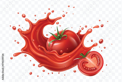 abstract 3d red tomato juice or ketchup sauce splashes in different style isolated on transparent background	