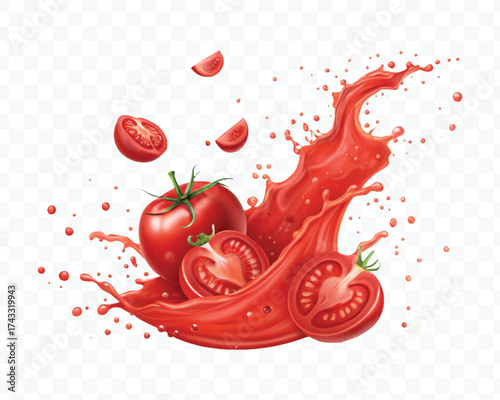 abstract 3d red tomato juice or ketchup sauce splashes in different style isolated on transparent background	