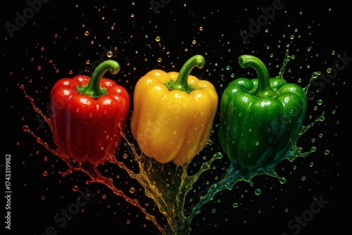 Colorful Bell Peppers Splash on Black Background