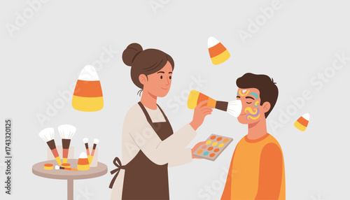 Woman face painting a man with colorful designs at a festive event surrounded by candy corn