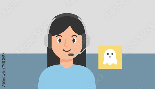 Friendly customer service representative offering support with a helpful ghost icon illustration