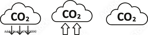 Carbon dioxide cloud icons, CO₂ emission, absorption, neutral state vector set, environmental infographic symbols, climate change concept, isolated on white background