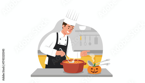 Smiling chef prepares a seasonal pumpkin soup in a kitchen ideal for autumn cooking or Halloween