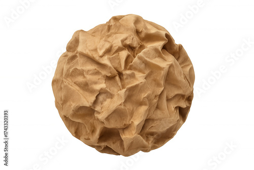 Crumpled brown paper ball representing waste, recycling, or a discarded idea on transparent background