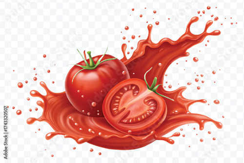 abstract 3d red tomato juice or ketchup sauce splashes in different style isolated on transparent background	