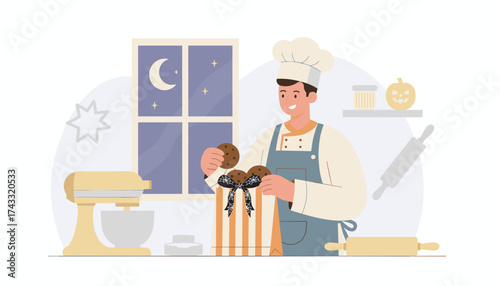 Cheerful baker prepares delicious Halloween cookies for gifting in a festive kitchen