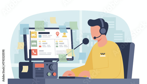 Dispatch operator with headset managing taxi service requests on computer Efficient customer support