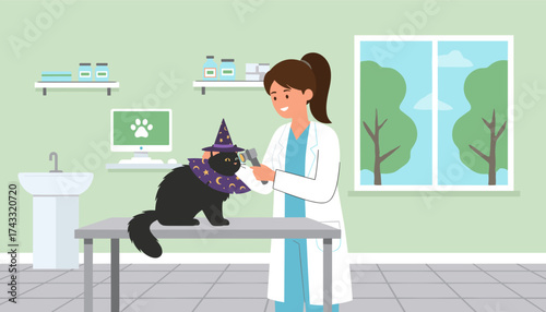 Veterinarian examines a cute black cat wearing a wizard hat in a clinic setting Pet care and health
