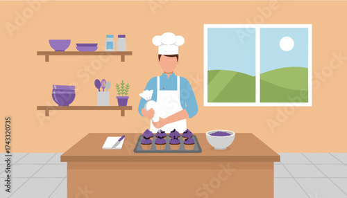Baker decorates delicious cupcakes with frosting in a kitchen Food preparation sweet treats