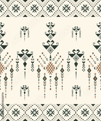 Ethnic abstract art.Fabric Morocco, geometric ethnic pattern seamless tone green on light yellow background.Design for fabric, curtain, carpet, wallpaper, clothing, wrapping, Batik.