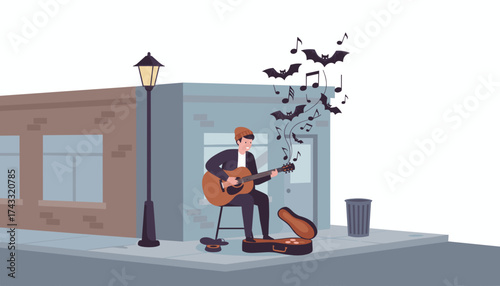 Street musician playing guitar with bats and musical notes creating a Halloween atmosphere
