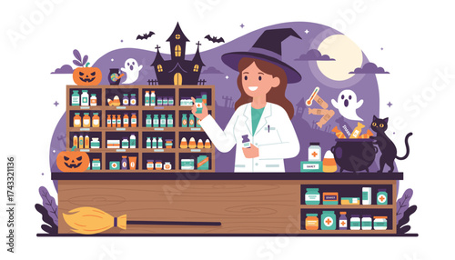 Friendly witch pharmacist in lab coat and hat at a Halloweenthemed pharmacy counter offering remedies