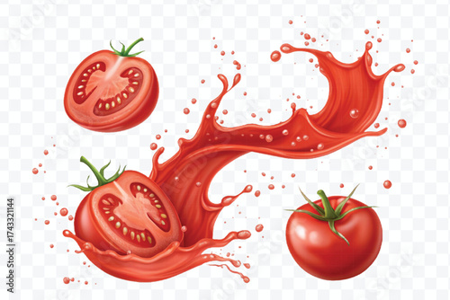 abstract 3d red tomato juice or ketchup sauce splashes in different style isolated on transparent background	