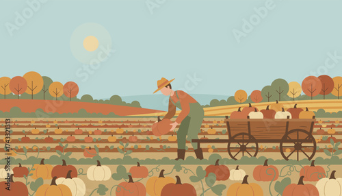 Farmer harvests pumpkins in an expansive autumn field loading them onto a rustic wooden cart Seasonal agriculture