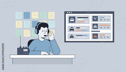 Dispatcher managing taxi fleet operations with communication system and digital dashboard