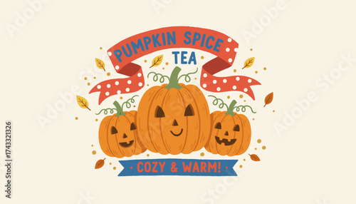 Smiling pumpkins with Pumpkin Spice Tea and Cozy  Warm banners celebrating autumn