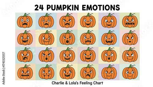 Cartoon pumpkin emotion chart for children showing various feelings Education Halloween fall concept