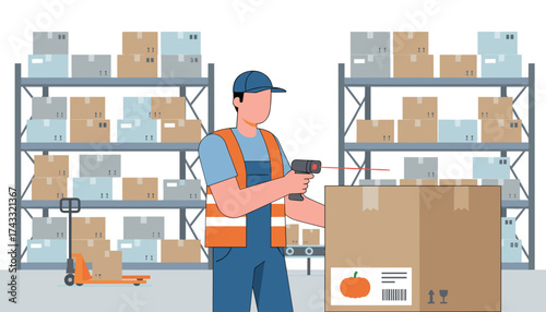 Warehouse worker scanning package with barcode reader for efficient inventory and logistics
