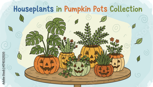 Whimsical houseplants in festive pumpkin pots on a table perfect for autumn and Halloween decor