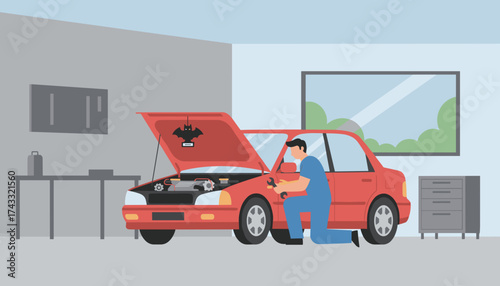 A mechanic in a garage repairs a red car with an open hood showcasing automotive service