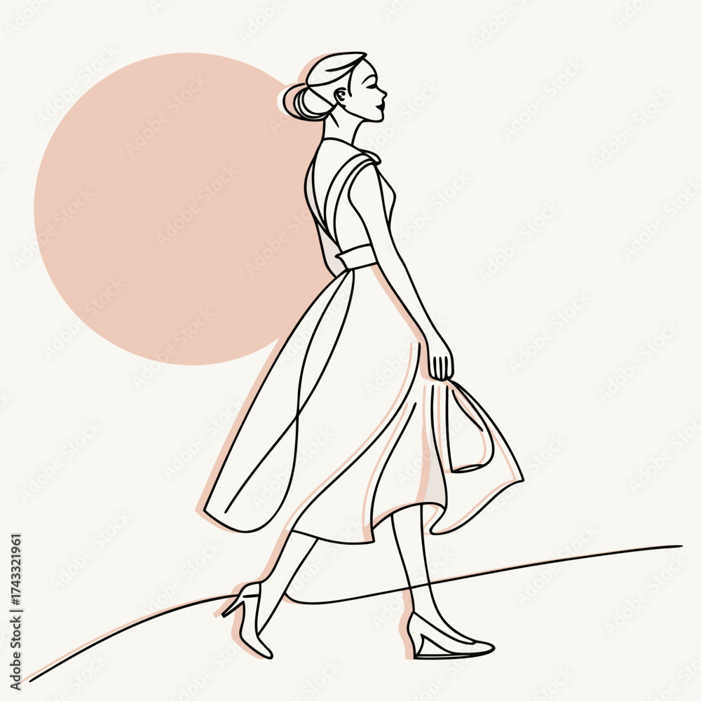 Fototapeta premium Elegant wedding fashion illustration of a beautiful bride with a flower bouquet in a white gown