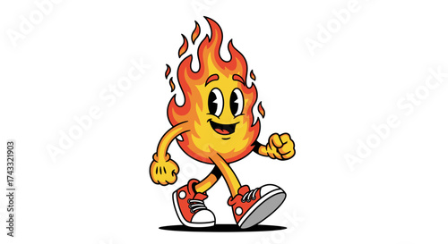 Cartoon fire character walking with a happy expression and red sneakers on a white backdrop