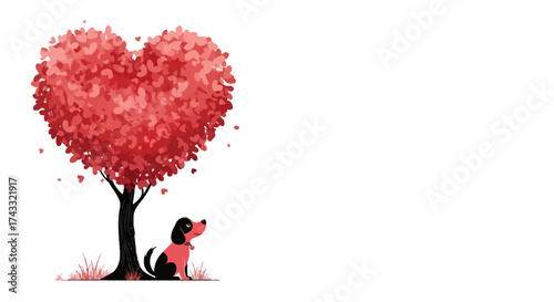 A whimsical illustration featuring a dog under a heart-shaped tree evoking love and companionship
