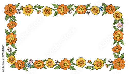 Vibrant marigold and sugar skull frame Day of the Dead celebration festive decoration