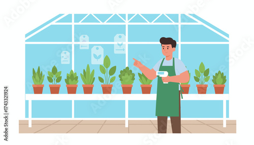 Nursery worker using scanner for plant inventory in a greenhouse Modern gardening business