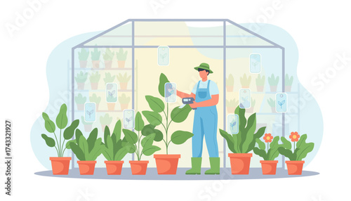 Gardener uses technology to care for plants in a smart greenhouse Modern agriculture  sustainable growth