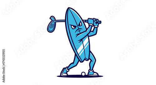 Cartoon surfboard character swinging golf club with determined expression for sport fun