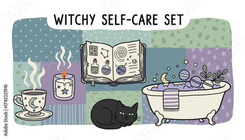 Magical witchy selfcare illustration featuring bath candle book and cat for relaxation