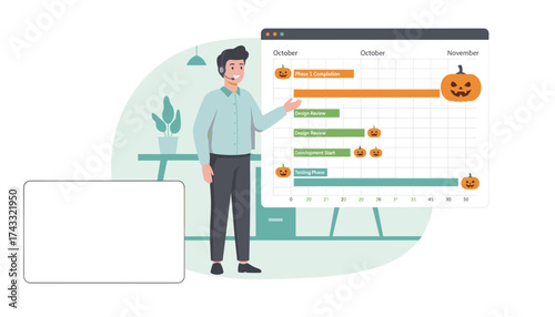 Project manager presents a Halloweenthemed Gantt chart showing October and November planning